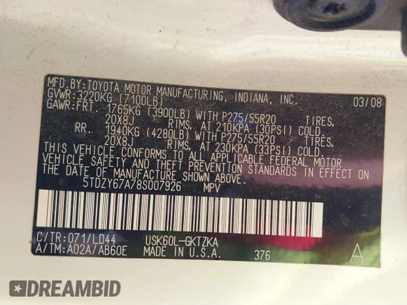 ✅ 2008 Toyota Sequoia Platinum • VIN: 5TDZY67A78S007926 • Lot: 41809919. Listed on IAAI with 291,351 mi. Free auction sales archive from the USA and detailed vehicle history report at DreamBid. Image 9.