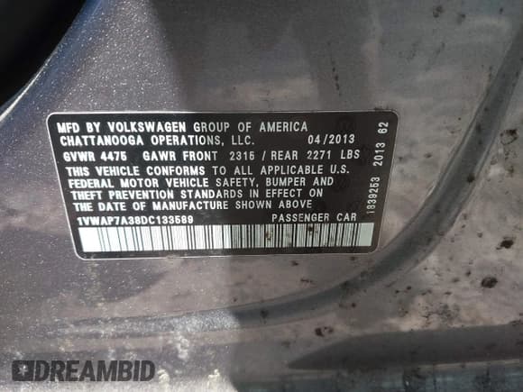 ✅ 2013 Volkswagen Passat S • VIN: 1VWAP7A38DC133589 • Lot: 42187123. Listed on IAAI with 201,425 mi. Free auction sales archive from the USA and detailed vehicle history report at DreamBid. Image 9.