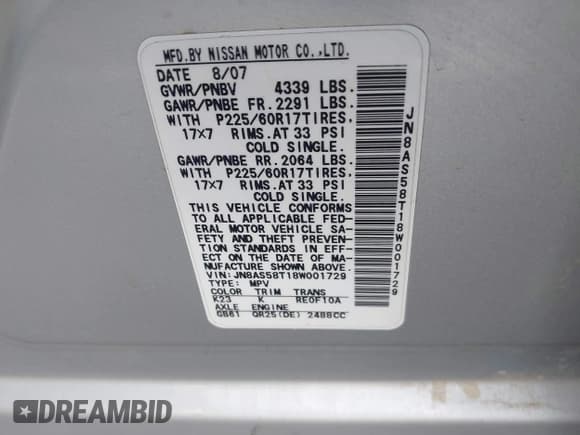 ✅ 2008 Nissan Rogue SL • VIN: JN8AS58T18W001729 • Lot: 41462252. Wystawiony na IAAI z przebiegiem 194 972 mil. Bezpłatny archiwum sprzedaży aukcyjnych z USA i szczegółowy raport historii pojazdu na DreamBid. Zdjęcie 9.