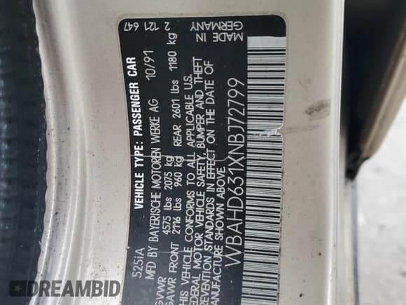 ✅ 1992 BMW 5 Series • VIN: WBAHD631XNBJ72799 • Lot: 91816185. Listed on Copart with 31,288 mi. Free auction sales archive from the USA and detailed vehicle history report at DreamBid. Image 12.