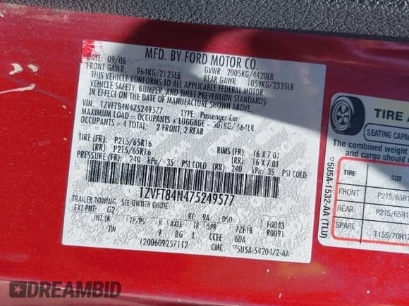 ✅ 2007 Ford Mustang Deluxe • VIN: 1ZVFT84N475249577 • Lot: 42008269. Listed on IAAI with 136,134 mi. Free auction sales archive from the USA and detailed vehicle history report at DreamBid. Image 9.