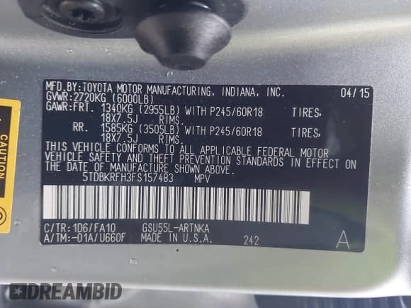 ✅ 2015 Toyota Highlander LE • VIN: 5TDBKRFH3FS157483 • Lot: 41554842. Listed on IAAI with 129,621 mi. Free auction sales archive from the USA and detailed vehicle history report at DreamBid. Image 9.