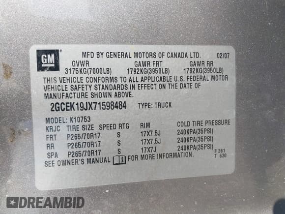 ✅ 2007 Chevrolet Silverado 1500 1LT • VIN: 2GCEK19JX71598484 • Lot: 43093689. Listed on IAAI with 201,949 mi. Free auction sales archive from the USA and detailed vehicle history report at DreamBid. Image 9.