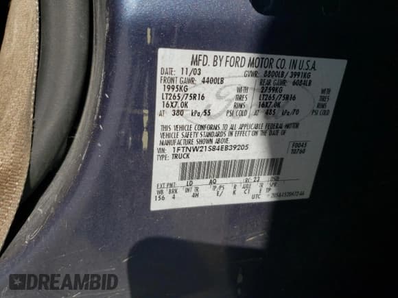 ✅ 2004 Ford F-250 XL • VIN: 1FTNW21S84EB39205 • Lot: 41738635. Listed on Copart with 445,458 mi. Free auction sales archive from the USA and detailed vehicle history report at DreamBid. Image 12.