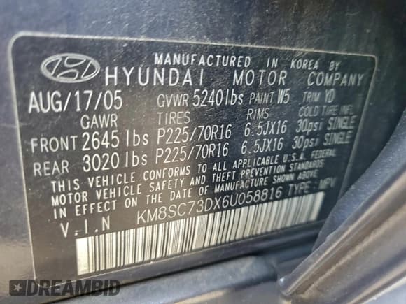 ✅ 2006 Hyundai Santa Fe GLS • VIN: KM8SC73DX6U058816 • Lot: 95618475. Listed on Copart with 162,351 mi. Free auction sales archive from the USA and detailed vehicle history report at DreamBid. Image 14.