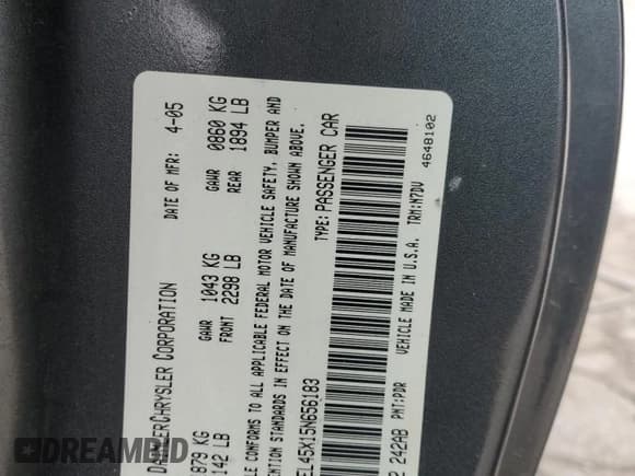 ✅ 2005 Chrysler Sebring • VIN: 1C3EL45X15N656183 • Lot: 58348475. Listed on Copart with Not provided. Free auction sales archive from the USA and detailed vehicle history report at DreamBid. Image 12.