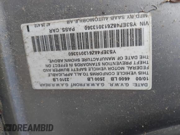 ✅ 2001 Saab 9-5 SE • VIN: YS3EF48Z613013360 • Лот: 41801183. Опубликован ранее на IAAI с пробегом 187 000 миль. Бесплатный доступ к архиву аукционных продаж из США и подробный отчёт об истории автомобиля на DreamBid. Изображение 9.