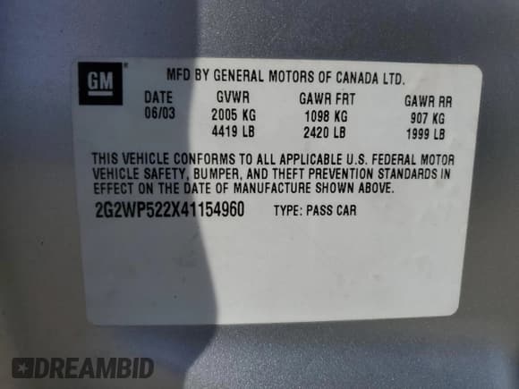 ✅ 2004 Pontiac Grand Prix GT1 • VIN: 2G2WP522X41154960 • Lot: 91264615. Listed on Copart with 245,198 mi. Free auction sales archive from the USA and detailed vehicle history report at DreamBid. Image 12.