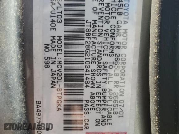 ✅ 2001 Lexus ES 300 • VIN: JT8BF28G210341484 • Lot: 90393505. Listed on Copart with 246,089 mi. Free auction sales archive from the USA and detailed vehicle history report at DreamBid. Image 12.