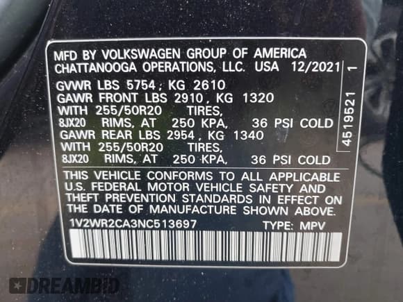 ✅ 2022 Volkswagen Atlas SE • VIN: 1V2WR2CA3NC513697 • Lot: 42235866. Listed on IAAI with 49,764 mi. Free auction sales archive from the USA and detailed vehicle history report at DreamBid. Image 9.