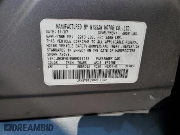 ✅ 2008 Infiniti G35 Journey • VIN: JNKBV61E98M211062 • Lot: 80991865. Wystawiony na Copart z przebiegiem 188 984 mil. Bezpłatny archiwum sprzedaży aukcyjnych z USA i szczegółowy raport historii pojazdu na DreamBid. Zdjęcie 12.