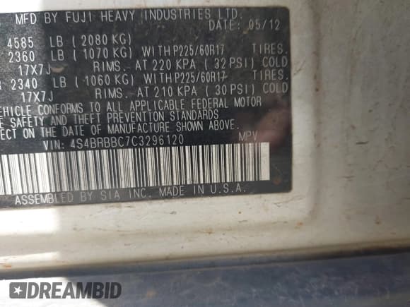 ✅ 2012 Subaru Outback Premium • VIN: 4S4BRBBC7C3296120 • Лот: 42510321. Опубликован ранее на IAAI с пробегом 107 288 миль. Бесплатный доступ к архиву аукционных продаж из США и подробный отчёт об истории автомобиля на DreamBid. Изображение 9.