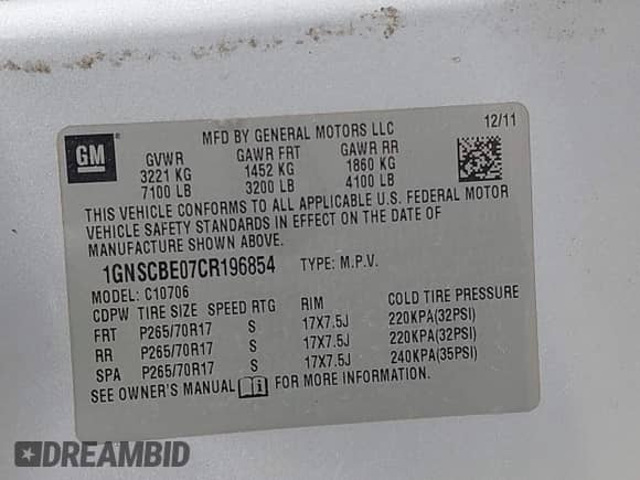 2012 Chevrolet Tahoe LT with VIN 1GNSCBE07CR196854, listed as a IAAI auction lot 43493508 with 206,756 mi miles and . Bid and sale history available at DreamBid. Image 9.