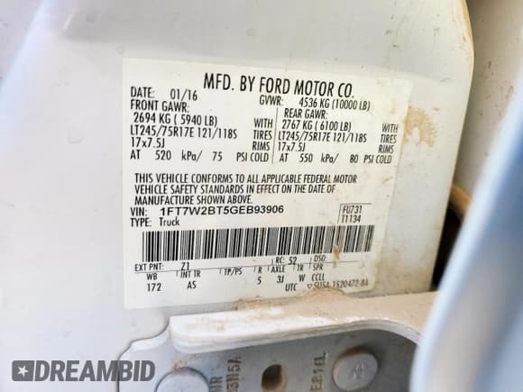 ✅ 2016 Ford F-250 Lariat • VIN: 1FT7W2BT5GEB93906 • Lot: 87241995. Wystawiony na Copart z przebiegiem 216 869 mil. Bezpłatny archiwum sprzedaży aukcyjnych z USA i szczegółowy raport historii pojazdu na DreamBid. Zdjęcie 12.