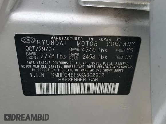 2008 Hyundai Azera Limited with VIN KMHFC46F98A302912, listed as a Copart auction lot 46301935 with Not provided miles and Salvage title. Bid and sale history available at DreamBid. Image 12.