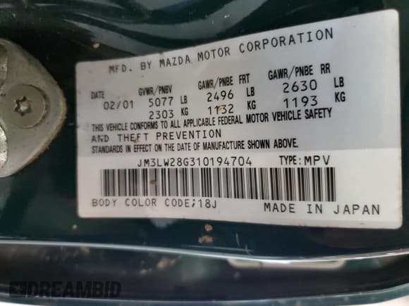 ✅ 2001 Mazda MPV DX • VIN: JM3LW28G310194704 • Lot: 70174035. Listed on Copart with 101,451 mi. Free auction sales archive from the USA and detailed vehicle history report at DreamBid. Image 13.