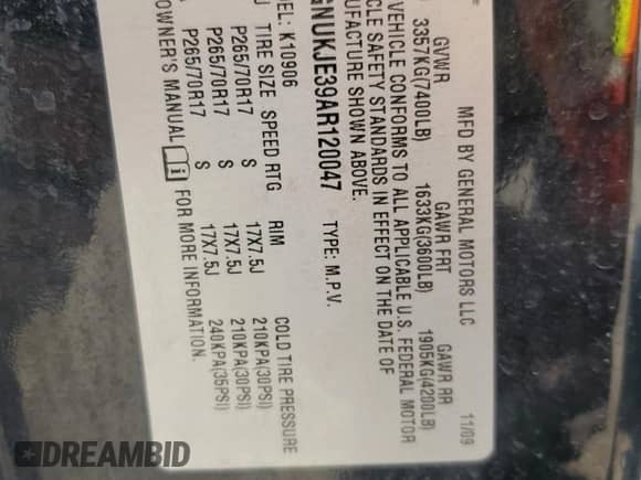 2010 Chevrolet Suburban LT z VIN 1GNUKJE39AR120047, wystawiony jako Copart lot #67310985 z przebiegiem 179 985 mil mil oraz Nie do naprawy • Non repairable. Historia ofert i sprzedaży dostępna na DreamBid. Obrazek 14.