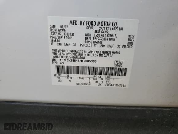 ✅ 2017 Ford Explorer • VIN: 1FM5K8BH8HGC05386 • Lot: 62670245. Listed on Copart with 107,808 mi. Free auction sales archive from the USA and detailed vehicle history report at DreamBid. Image 13.