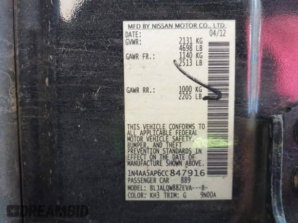 2012 Nissan Maxima S z VIN 1N4AA5AP6CC847916, wystawiony jako IAAI lot #41867800 z przebiegiem Nie podano mil oraz . Historia ofert i sprzedaży dostępna na DreamBid. Obrazek 9.