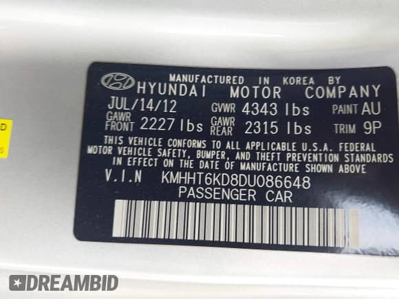 2013 Hyundai Genesis Coupe Premium with VIN KMHHT6KD8DU086648, listed as a IAAI auction lot 43314230 with 114,245 mi miles and . Bid and sale history available at DreamBid. Image 9.