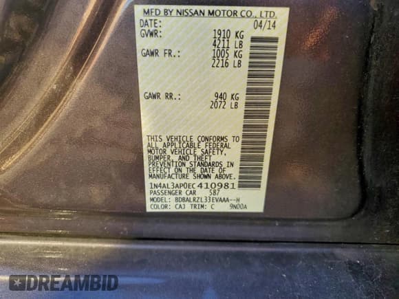 ✅ 2014 Nissan Altima SV • VIN: 1N4AL3AP0EC410981 • Lot: 93767025. Listed on Copart with 42,630 mi. Free auction sales archive from the USA and detailed vehicle history report at DreamBid. Image 12.