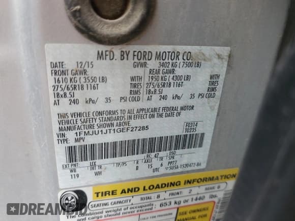 ✅ 2016 Ford Expedition XLT • VIN: 1FMJU1JT1GEF27285 • Lot: 57728365. Listed on Copart with 183,855 mi. Free auction sales archive from the USA and detailed vehicle history report at DreamBid. Image 13.