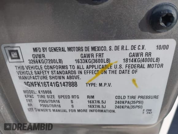 ✅ 2001 Chevrolet Suburban LS • VIN: 3GNFK16T41G147888 • Лот: 41692124. Опубликован ранее на IAAI с пробегом Не указан. Бесплатный доступ к архиву аукционных продаж из США и подробный отчёт об истории автомобиля на DreamBid. Изображение 9.