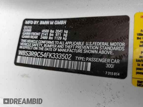 ✅ 2015 BMW M4 • VIN: WBS3R9C54FK333502 • Лот: 64462502. Опубликован ранее на Copart с пробегом 76 212 миль. Бесплатный доступ к архиву аукционных продаж из США и подробный отчёт об истории автомобиля на DreamBid. Изображение 10.