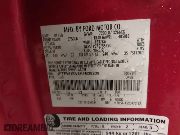 ✅ 2010 Ford F-150 XL • VIN: 1FTFW1EV8AFB38239 • Lot: 43642697. Listed on IAAI with 221,256 mi. Free auction sales archive from the USA and detailed vehicle history report at DreamBid. Image 9.