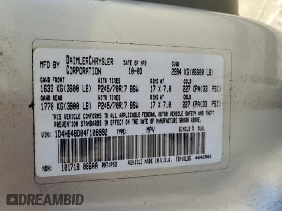 ✅ 2004 Dodge Durango SLT • VIN: 1D4HB48D04F108992 • Лот: 82477835. Опубликован ранее на Copart с пробегом 168 191 миль. Бесплатный доступ к архиву аукционных продаж из США и подробный отчёт об истории автомобиля на DreamBid. Изображение 13.