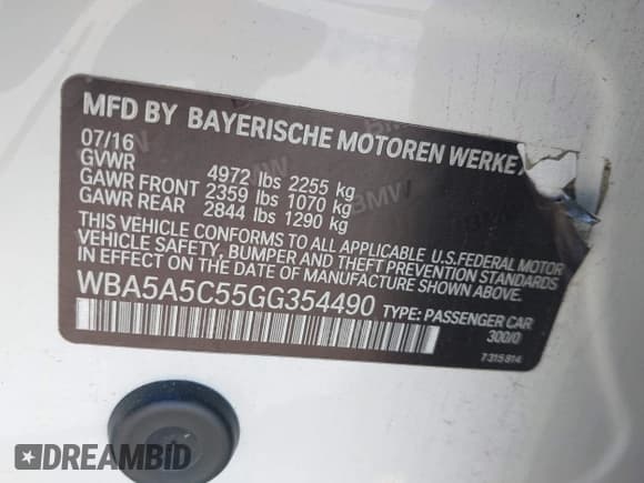 ✅ 2016 BMW 5 Series 528i • VIN: WBA5A5C55GG354490 • Lot: 43501783. Listed on IAAI with Not provided. Free auction sales archive from the USA and detailed vehicle history report at DreamBid. Image 9.
