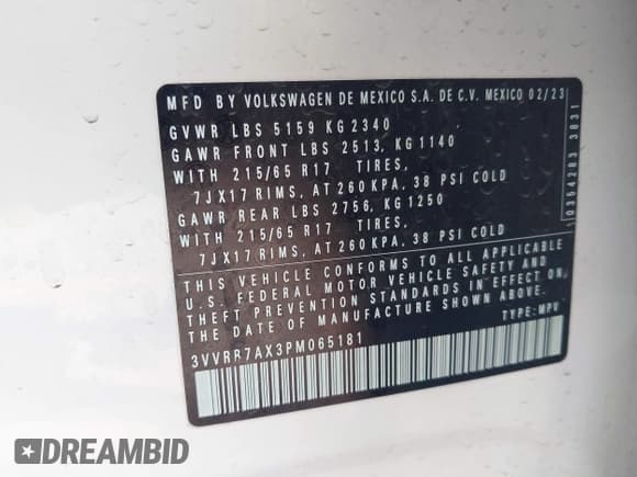 ✅ 2023 Volkswagen Tiguan S • VIN: 3VVRB7AX3PM065181 • Lot: 42419081. Listed on IAAI with 32,495 mi. Free auction sales archive from the USA and detailed vehicle history report at DreamBid. Image 9.