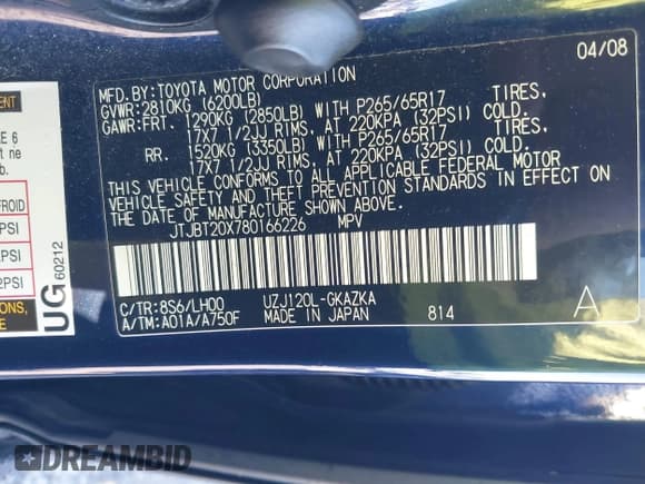 ✅ 2008 Lexus GX 470 • VIN: JTJBT20X780166226 • Lot: 43471903. Listed on IAAI with 195,486 mi. Free auction sales archive from the USA and detailed vehicle history report at DreamBid. Image 9.