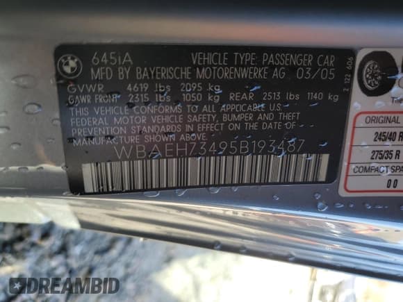 ✅ 2005 BMW 6 Series 645Ci • VIN: WBAEH73495B193487 • Lot: 88299505. Wystawiony na Copart z przebiegiem 57 967 mil. Bezpłatny archiwum sprzedaży aukcyjnych z USA i szczegółowy raport historii pojazdu na DreamBid. Zdjęcie 12.