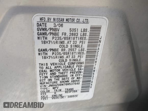 ✅ 2006 Nissan Murano SL • VIN: JN8AZ08W76W537848 • Lot: 42055249. Listed on IAAI with 78,505 mi. Free auction sales archive from the USA and detailed vehicle history report at DreamBid. Image 9.