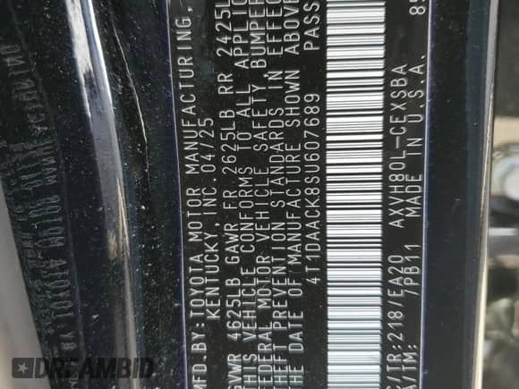 2025 Toyota Camry LE with VIN 4T1DAACK8SU607689, listed as a Copart auction lot 87370685 with 10,821 mi miles and Clean title. Bid and sale history available at DreamBid. Image 12.