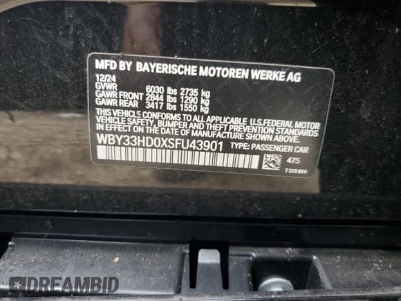 ✅ 2025 BMW i4 M50 • VIN: WBY33HD0XSFU43901 • Лот: 85663795. Опубликован ранее на Copart с пробегом Не указан. Бесплатный доступ к архиву аукционных продаж из США и подробный отчёт об истории автомобиля на DreamBid. Изображение 13.