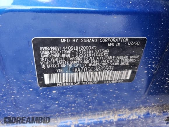 ✅ 2020 Subaru WRX STI Limited • VIN: JF1VA2Y62L9820593 • Lot: 85805224. Listed on Copart with 23,196 mi. Free auction sales archive from the USA and detailed vehicle history report at DreamBid. Image 13.