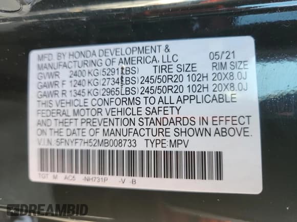 ✅ 2021 Honda Passport EX-L • VIN: 5FNYF7H52MB008733 • Lot: 70511625. Listed on Copart with 75,441 mi. Free auction sales archive from the USA and detailed vehicle history report at DreamBid. Image 13.