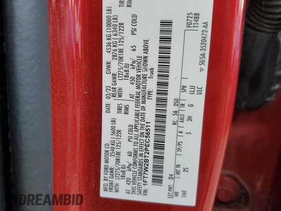 ✅ 2023 Ford F-250 XLT • VIN: 1FT7W2BT2PEC56511 • Lot: 82069085. Listed on Copart with 176,059 mi. Free auction sales archive from the USA and detailed vehicle history report at DreamBid. Image 12.