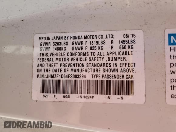 ✅ 2015 Honda CR-Z EX • VIN: JHMZF1D64FS003294 • Lot: 90452195. Listed on Copart with 86,990 mi. Free auction sales archive from the USA and detailed vehicle history report at DreamBid. Image 13.