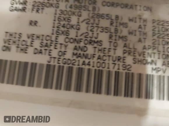 2001 Toyota Highlander с VIN JTEGD21A410017192, выставлен на аукционе IAAI как лот 41346278 с пробегом 279 320 миль миль и . История ставок и продаж доступна на DreamBid. Изображение 9.