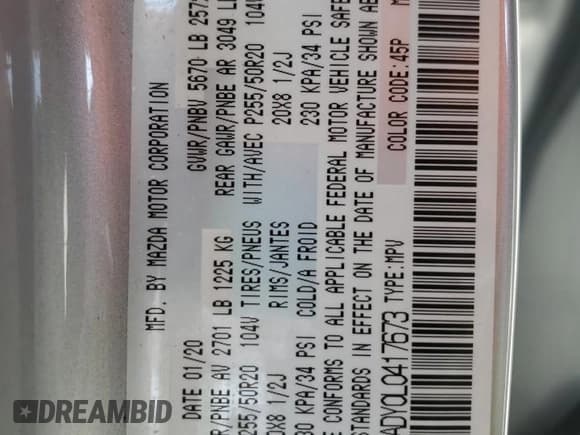 ✅ 2020 Mazda CX-9 Grand Touring • VIN: JM3TCADY0L0417673 • Лот: 44625195. Опубликован ранее на Copart с пробегом 94 221 миль. Бесплатный доступ к архиву аукционных продаж из США и подробный отчёт об истории автомобиля на DreamBid. Изображение 13.