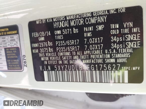 ✅ 2014 Hyundai Santa Fe • VIN: 5XYZUDLB4EG175627 • Lot: 43428688. Listed on IAAI with 150,000 mi. Free auction sales archive from the USA and detailed vehicle history report at DreamBid. Image 9.