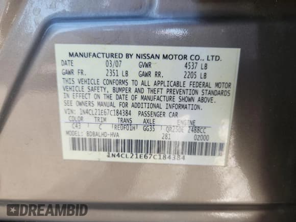 ✅ 2007 Nissan Altima Hybrid • VIN: 1N4CL21E67C184384 • Лот: 69477835. Опубликован ранее на Copart с пробегом 186 271 миль. Бесплатный доступ к архиву аукционных продаж из США и подробный отчёт об истории автомобиля на DreamBid. Изображение 12.