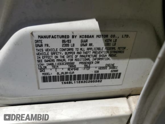 ✅ 2003 Nissan Altima SE • VIN: 1N4BL11E63C295582 • Lot: 63844655. Listed on Copart with 190,060 mi. Free auction sales archive from the USA and detailed vehicle history report at DreamBid. Image 12.