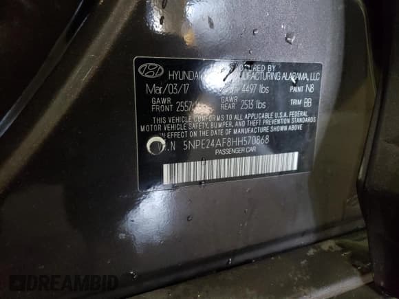 ✅ 2017 Hyundai Sonata SE • VIN: 5NPE24AF8HH570868 • Lot: 49119373. Listed on Copart with 85,971 mi. Free auction sales archive from the USA and detailed vehicle history report at DreamBid. Image 12.