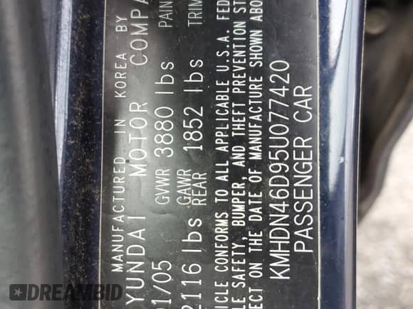 2005 Hyundai Elantra GLS с VIN KMHDN46D95U077420, выставлен на аукционе Copart как лот 78327364 с пробегом 208 350 миль миль и Списание • Salvage title. История ставок и продаж доступна на DreamBid. Изображение 12.