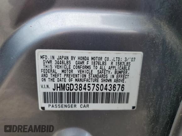 ✅ 2007 Honda Fit • VIN: JHMGD38457S043676 • Lot: 57217005. Listed on Copart with 208,480 mi. Free auction sales archive from the USA and detailed vehicle history report at DreamBid. Image 12.