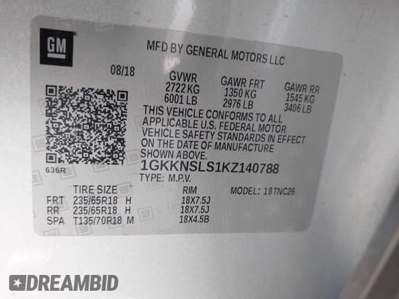 ✅ 2019 GMC Acadia SLE • VIN: 1GKKNSLS1KZ140788 • Lot: 41636885. Listed on IAAI with 175,988 mi. Free auction sales archive from the USA and detailed vehicle history report at DreamBid. Image 9.